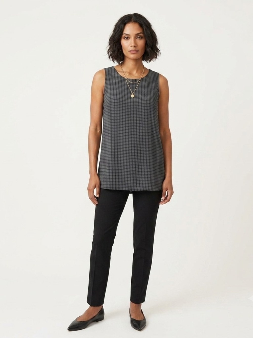 NWOT Eileen Fisher Silk Tunic Top L Large Black Gray Grid Sleeveless Dress